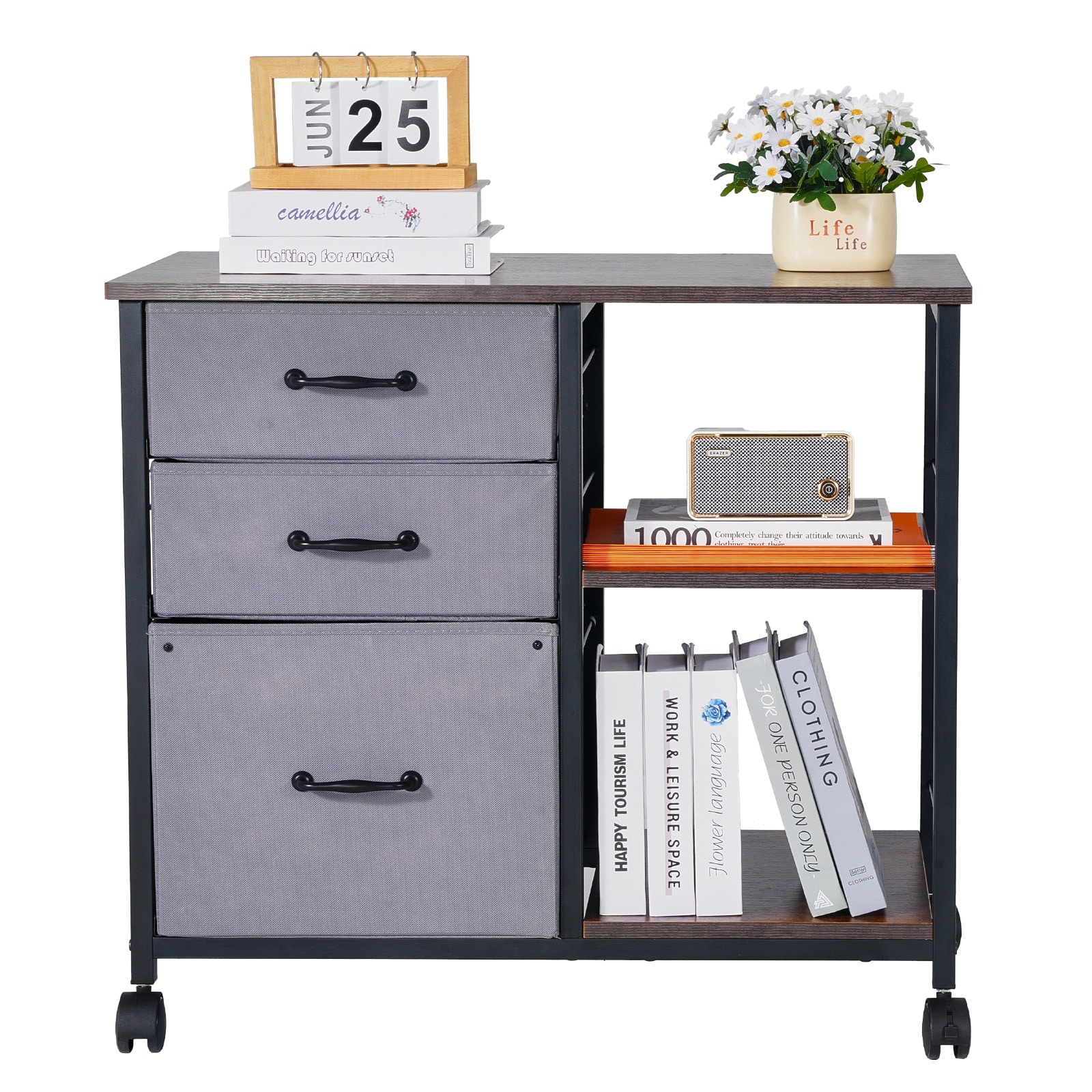 Mobile Metal File Cabinet With 3 Fabric Drawers And 2 Open Shelves Brown_maomaolike.com